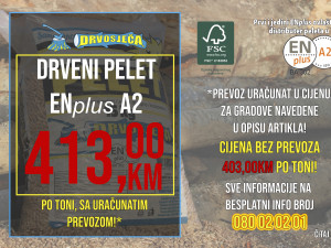 DRVOSJEČA ENplus A2 drveni pelet; PREVOZ U CIJELOJ BIH