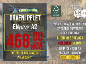 DRVOSJEČA ENplus A2 drveni pelet; PREVOZ U CIJELOJ BIH