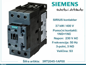 SIEMENS kontaktor 37kW 1NO 1NC 3RT2045-1AP00 sklopnik