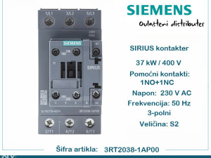 SIEMENS kontaktor 37 kW 1NO 1NC 3RT2038-1AP00 sklopnik