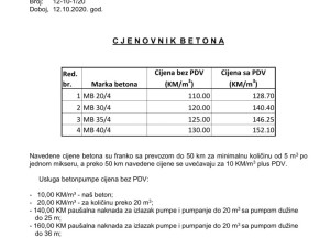 PROIZVODNJA PRODAJA BETONA DOBOJ UGRADNJA TRANSPORT