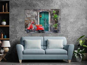 Canvas slika - Retro, crvena vespa, stari kameni zid