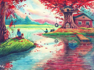 Canvas slika - Bajka, RIbarska kuća, Otok, Jezero