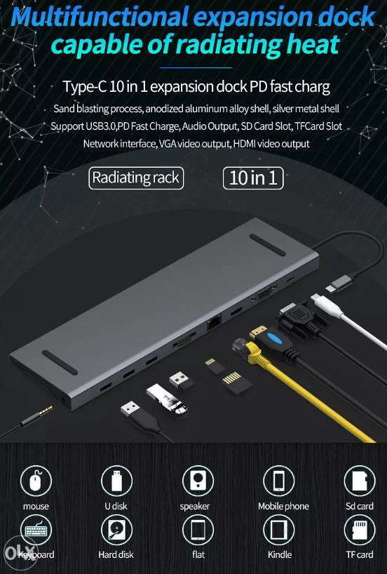 10 in 1 10 Ports Usb C Hub HDTV 4K Docking Station Docking stations