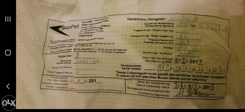Paraglider Paraglajder SWING SENSIS M krilo + rezerva