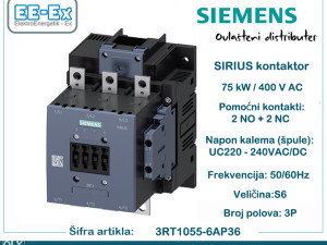 SIEMENS kontaktor 75kW 2NO 2NC 3RT1055-6AP36 sklopnik