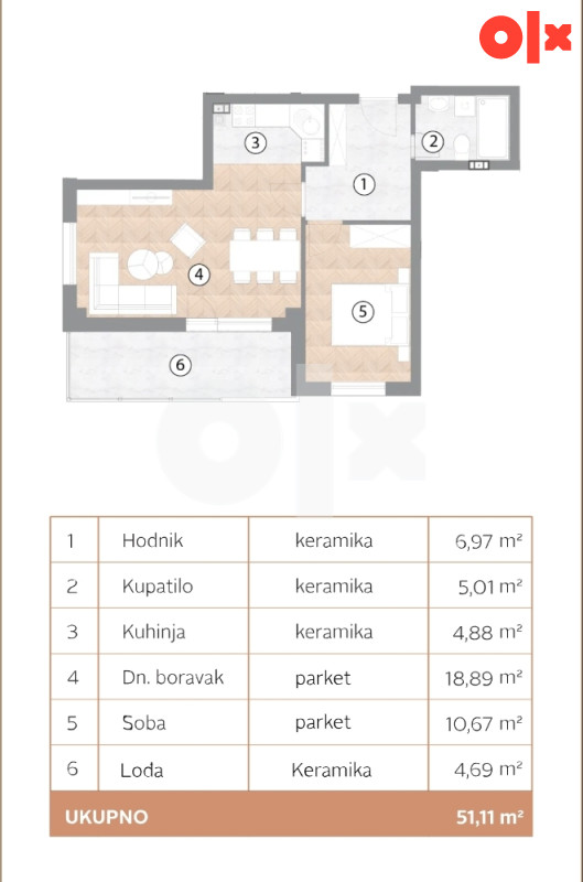 Stan 51,11 m2 sa dvije sobe u Boriku 2