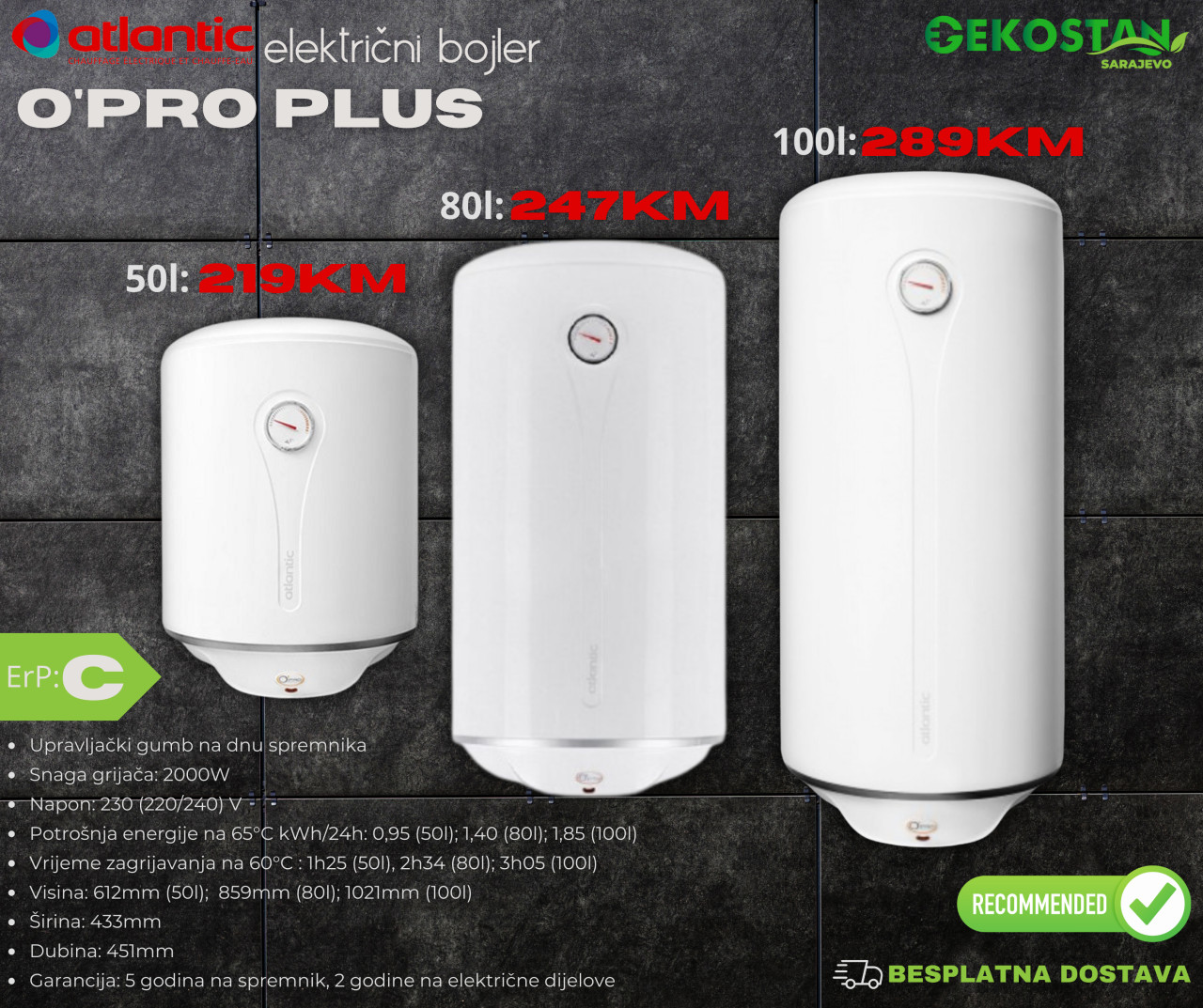 Bojler el. Atlantic O'PRO PLUS 50l (ugradnja 70KM)