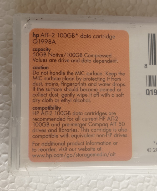 HP AIT-2 Data Cartridge Q1998A 1000GB Made in USA