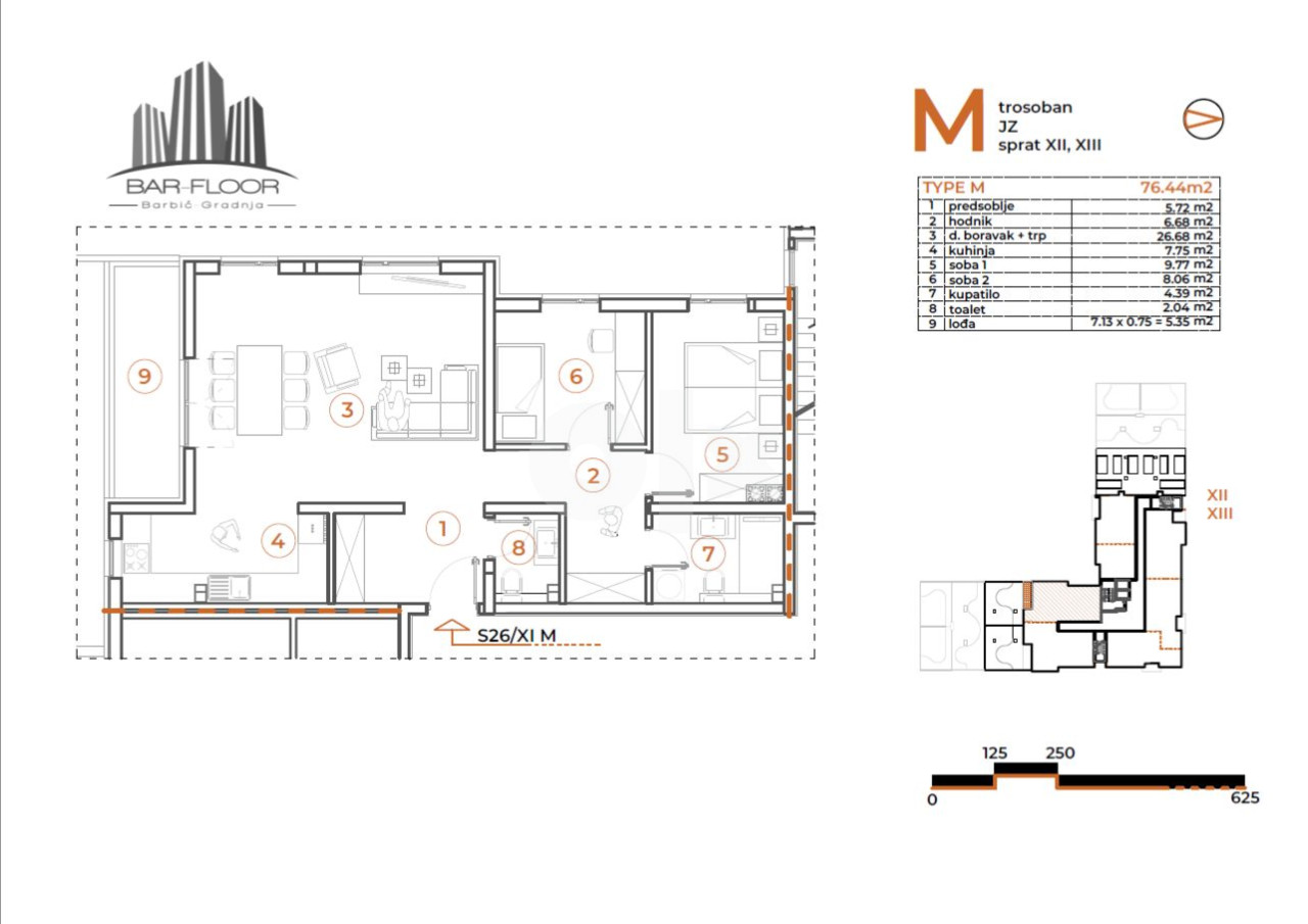 RIVER GARDEN KISELJAK- TROSOBAN STAN - TIP M 76,44 m2 2