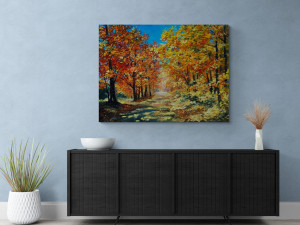 Canvas slika - Šuma u jesen, crveno lišće, Ulje, Print