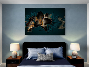 Canvas slika - Zlatni cvjetovi ljiljana, plava podloga