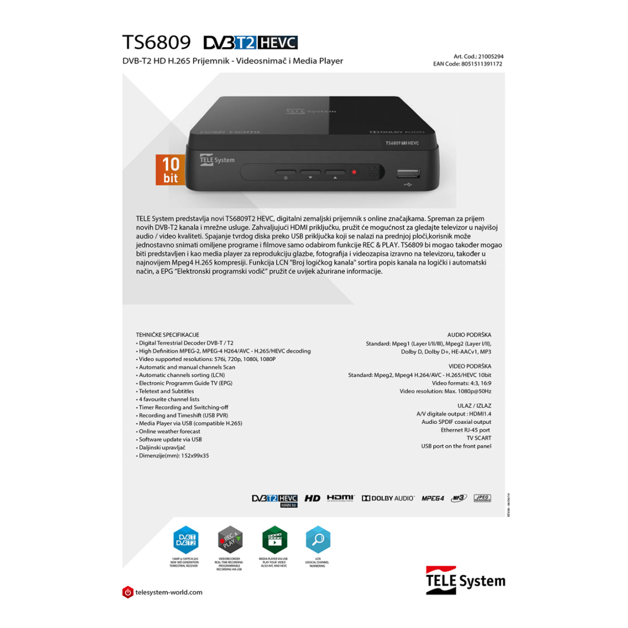 TELE System Prijemnik zemaljski resiver risiver TS6809 T2 HEVC