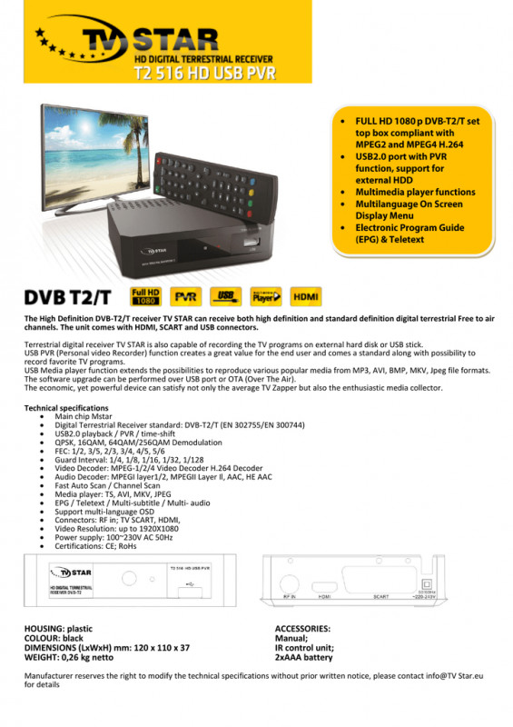 DVB-T2 reciver TV Star 516 HD USB PVR
