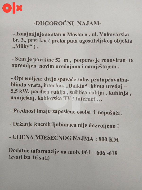 Stan Mostar 52m2 dugoročni najam, 061 606 618 10
