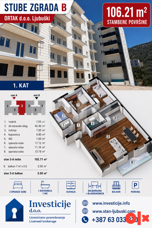 106,21 m2 - Trosoban stan Ljubuški