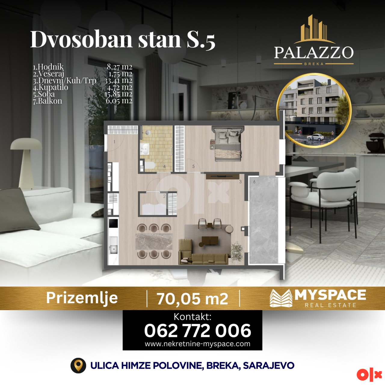 MY SPACE/ Stan/ Breka/ NOVOGRADNJA PALAZZO/ 70m2