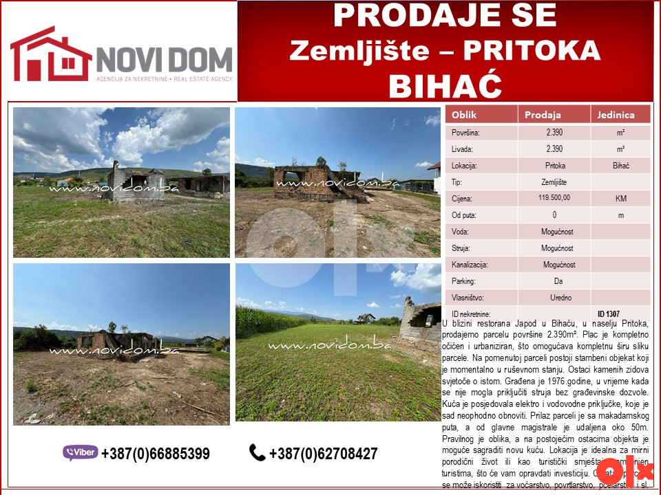 PRODAJE SE - Zemljište sa devast.obj. - Pritoka - BIHAĆ