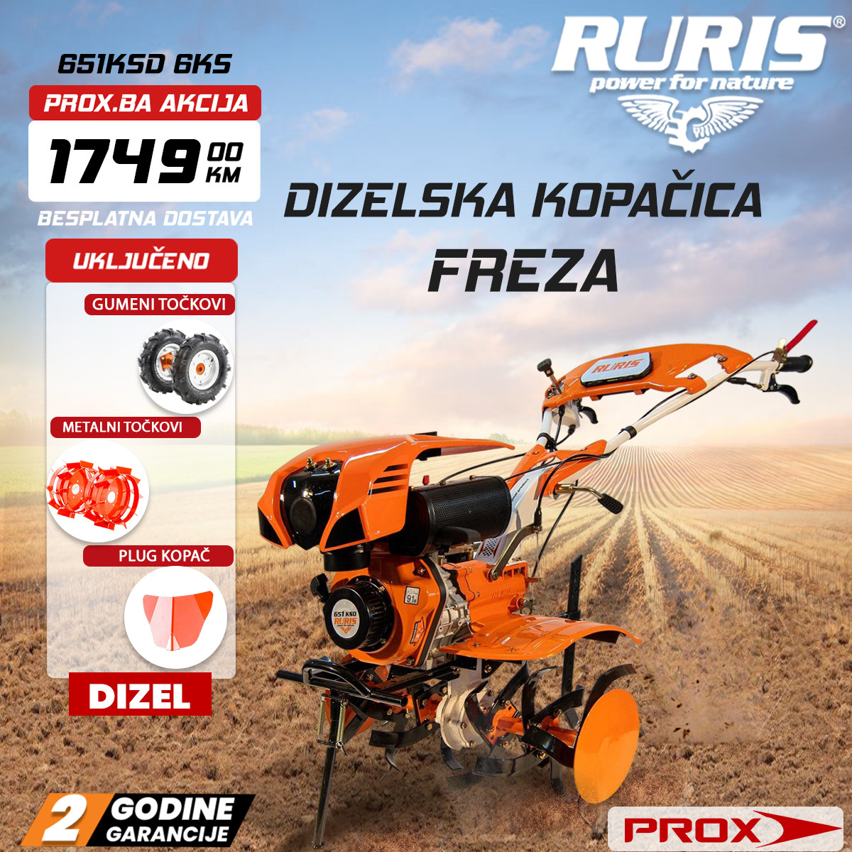 Dizelska freza - kopačica Ruris 651KSD 6.0KS 100cm