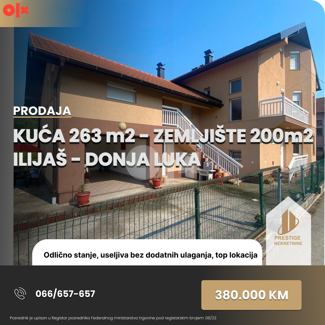 Kuća 263m2 sa zemljištem 200 m2 - Donja Luka/ILIJAŠ