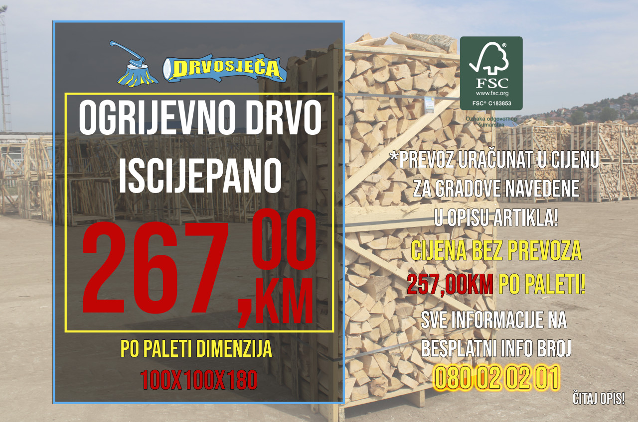 DRVOSJEČA Ogrijevna drva iscijepana u paleti 100x100x180cm