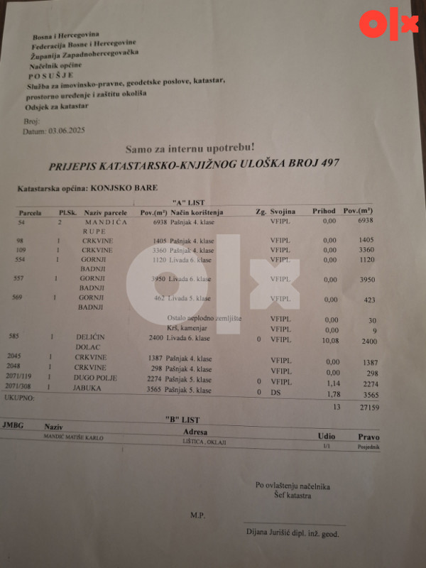 Zemljište Blidinje- Gornji Badnji, Pod Jabukom ,može parcelizacij 3