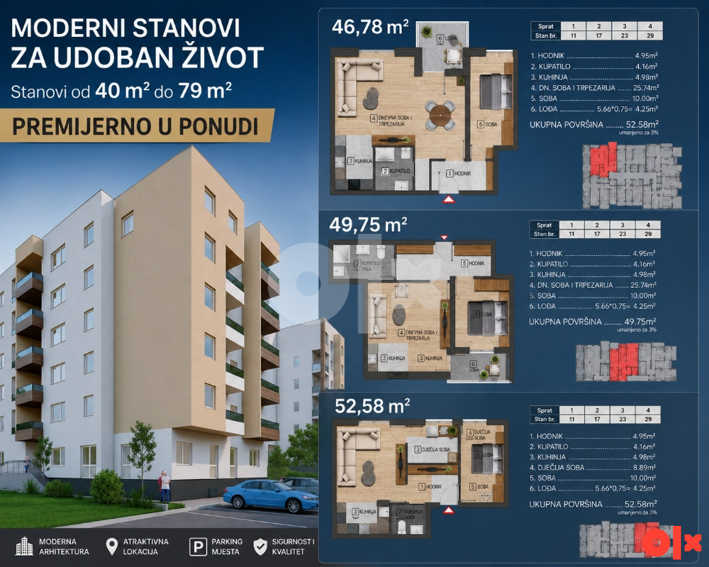 PREMIJERNO U PONUDI - Stanovi od 45 m2 do 78 m2 Prijedor-Urije