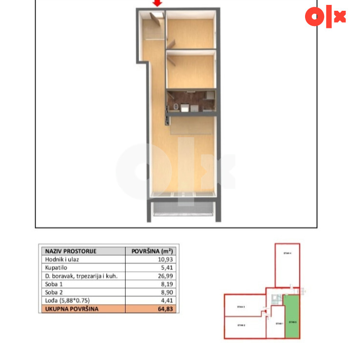 Centar , Mejtaš , Useljivo,64 m2, trosoban stan, prodaja! 2