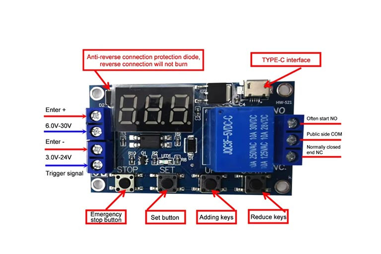 Vremenski relej tajmer DC 6-30V Podrška Micro USB 5V