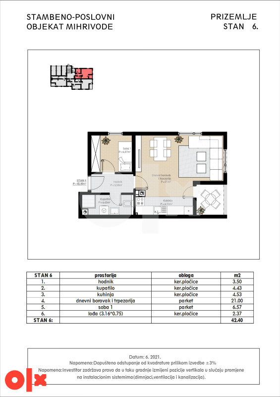 NOVOGRADNJA Stari Grad, Stan 42.5 m2 sa parking mjestom 2
