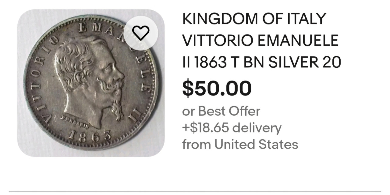 UNC - Rijetko Italija 20 Centesimi 1863 T BN - SREBRO