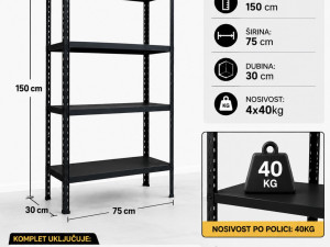 POLICA metalna crna MiniKit 150x75x30cm 4x40kg (KOM)
