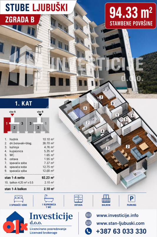 94,33 m2 - Trosoban stan Ljubuški