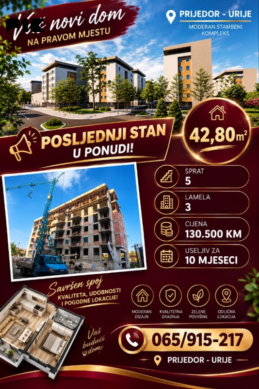 Stan od 42 m2  u Prijedoru- Urije