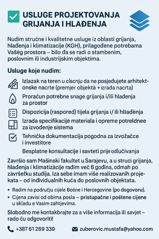 USLUGE PROJEKTOVANJA GRIJANJA I HLAĐENJA