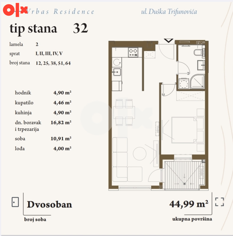 Jednosoban stan 45 m2 Hisete, pored Vrbasa 8