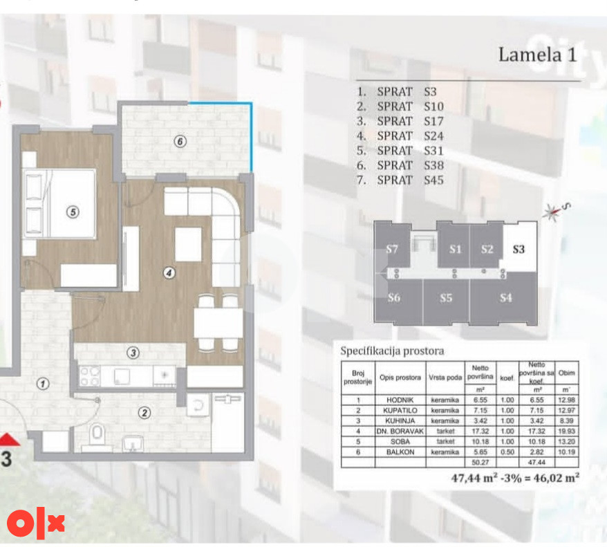 Prodajem stan u izgradnji u Doboju  Lamela 1 46,02 m2 2