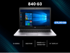 HP EliteBook 840 G3 i5-6300U; 8GB; 256GB m.2 + 500GB HDD