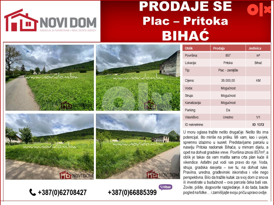 PRODAJE SE - Zemljište, plac - PRITOKA - BIHAĆ