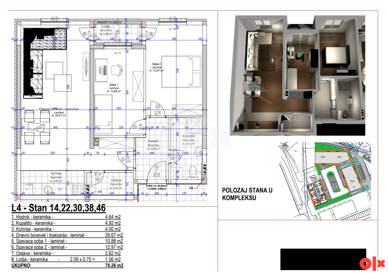 Trosoban stan Banja Luka 70.26m2
