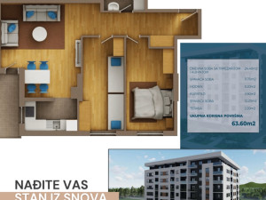 Stan sa 2 sobe  Borik, 63.60m2