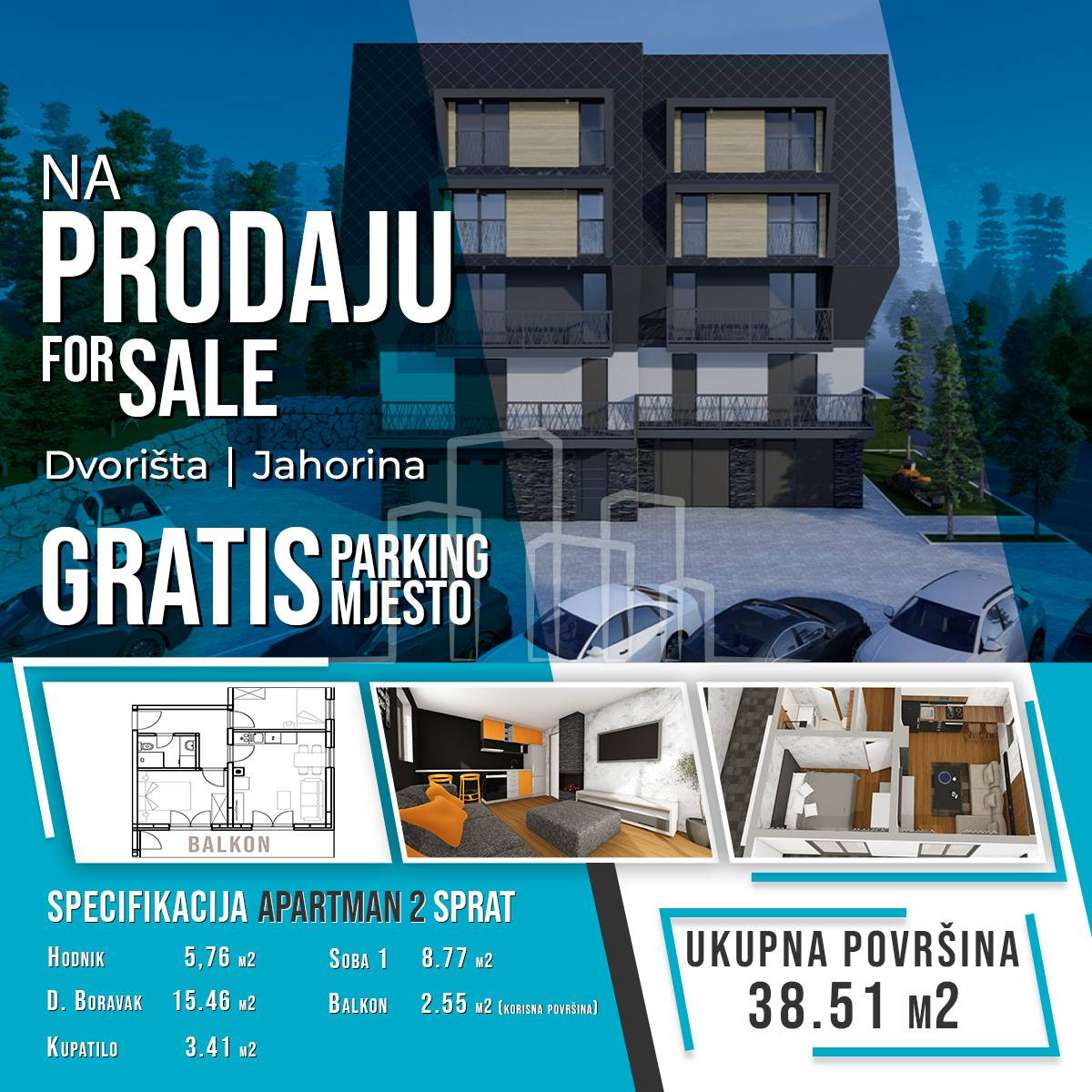 Apartman jedna spavaća Jahorina Dvorišta novogradnja 34