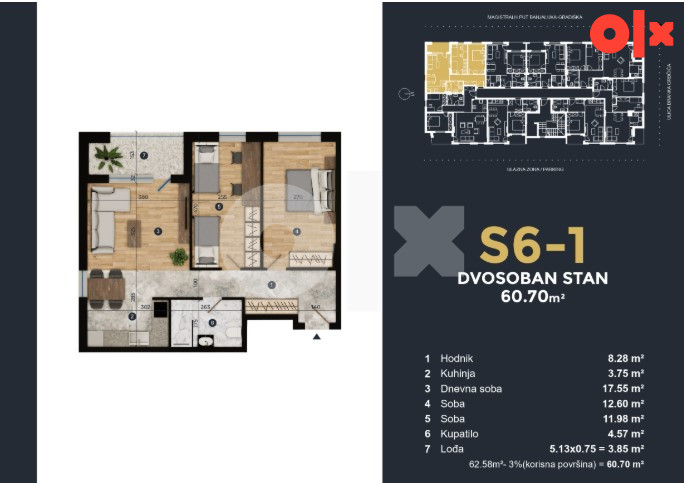 Trosoban stan 62m2 Budžak/Lazarevo Banja Luka 3