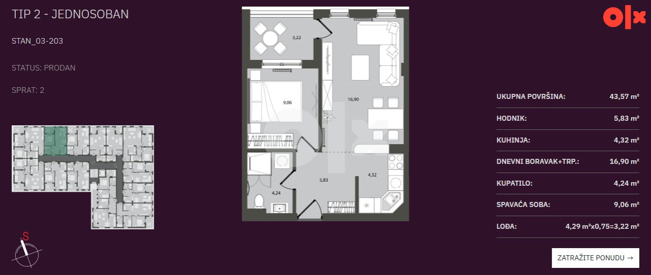 Dvosoban stan 43m2 Budžak/Lazarevo - KOMPENZACIJA 2