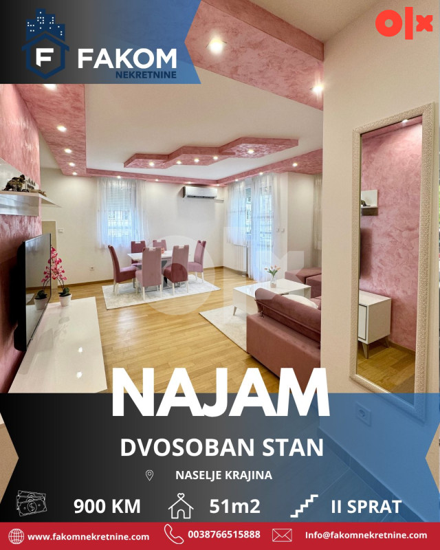Iznajmljuje se namješten dvosoban stan u naselju Krajina