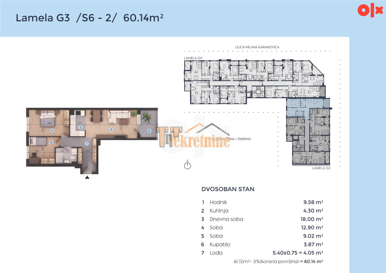 Trosoban stan 60,14 m2 - Borik