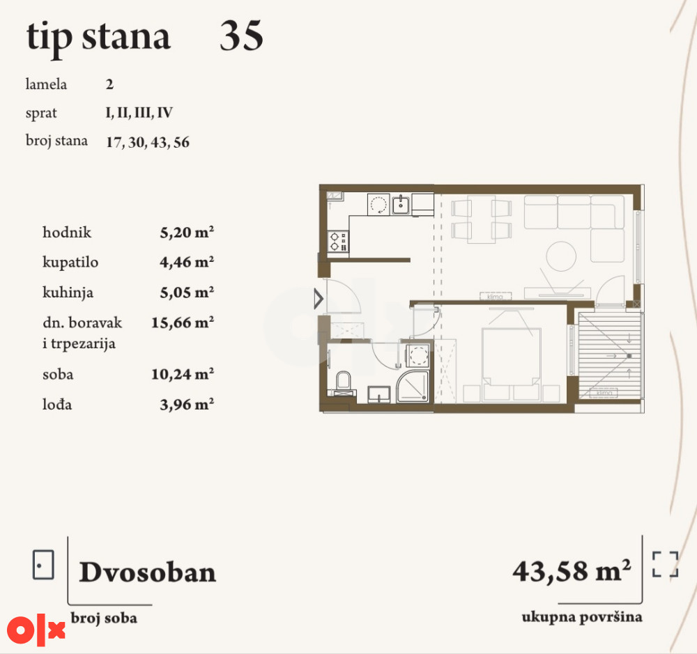 JEDNOSOBAN STAN, 43,58m2, HISETI