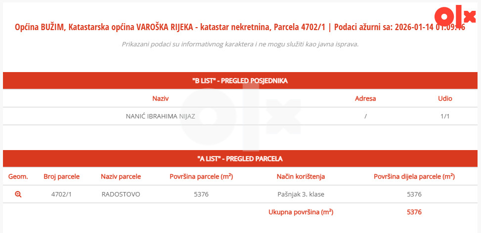 Zemljište Bužim, Radostovo 2
