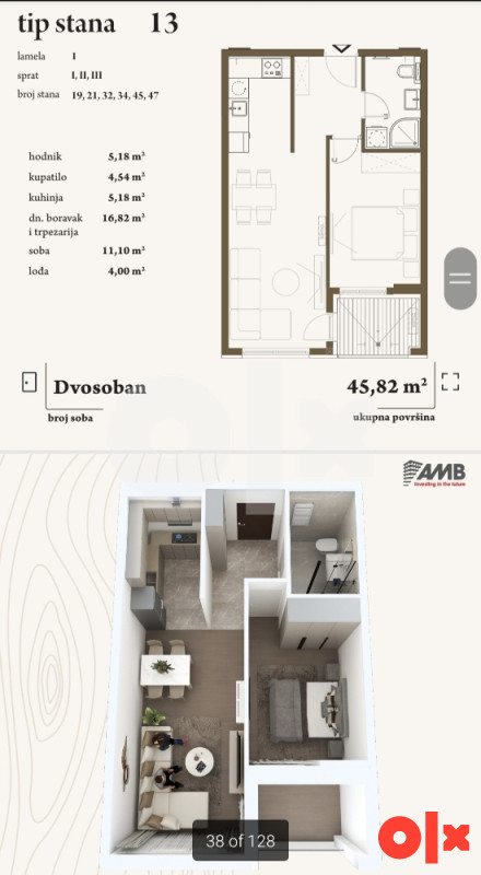 JEDNOSOBAN STAN, 45,82m2, HISETI 2