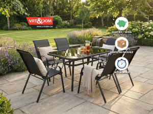 Vrtna / Baštenska garnitura STO 150x90 CRNO STAKLO + 6 STOLICA